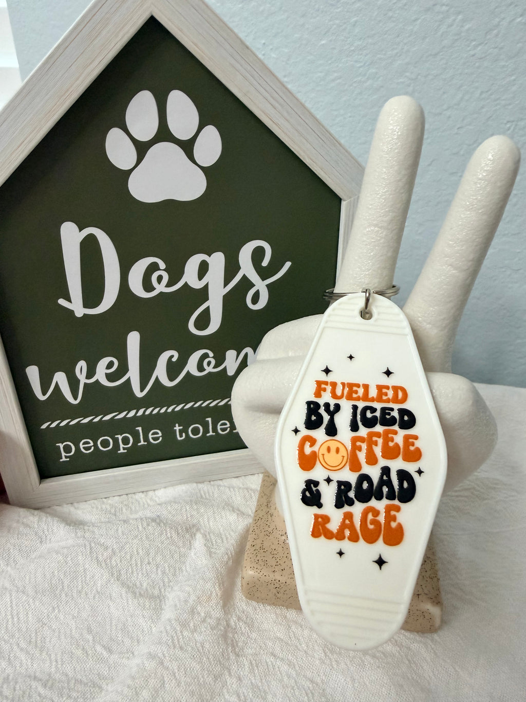 Sassy Hotel style keychain- Iced coffee & road rage